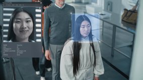 Airport Security Checkpoint: Queue of Multiethnic Passengers Passing Biometric Facial Recognition at Passport Control. Advanced AI Big Data Analyzing Technology. People Screening for Boarding Flight. - Powered by Shutterstock - Get 15% off with code: PIKWIZARD15