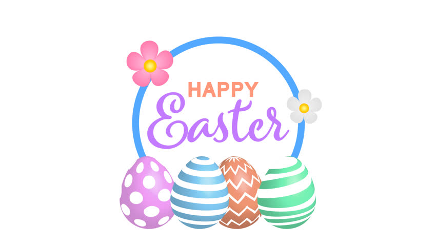 Happy Easter text logo animation with easter eggs and flowers on transparent background. Alpha channel included.