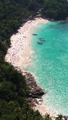 Vertical Drone Shot of Freedom Beach, Popular Tourist Attraction of Phuket Island, Thailand