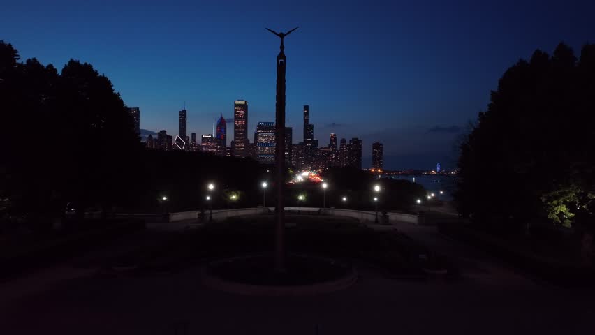Chicago Illinois City Skyline Willis Tower Field Museum Night Summer Drone Aerial 4K