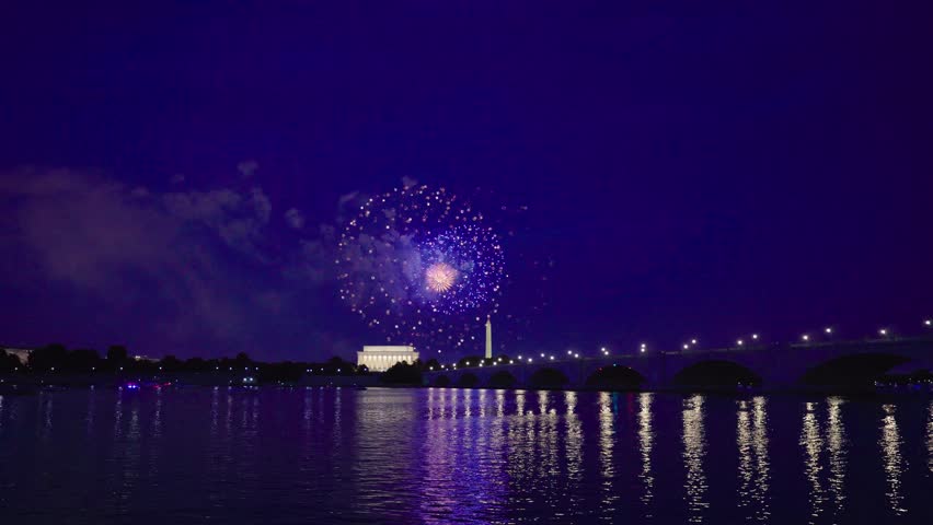 The D.C. monuments and the Arlington Memorial Bridge with the fireworks from the 4th of July Firework Show.