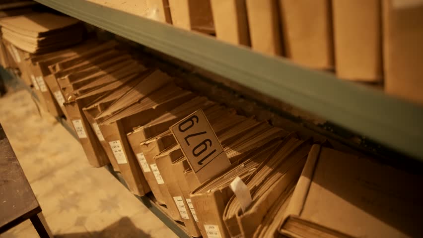 Old Document In Archive Department. Archival Material. Bookkeeping File Shelf. 
Archive Texts In Films And Reports. Highly Classified Documents. National Archives Records. Old Secret Archival Document