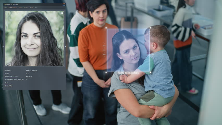 Security Checkpoint: Queue of Diverse Passengers Passing Biometric AI Face Scanning at Border Control in Airport Terminal. Advanced Facial Recognition Technology. People Screening for Boarding Flight.