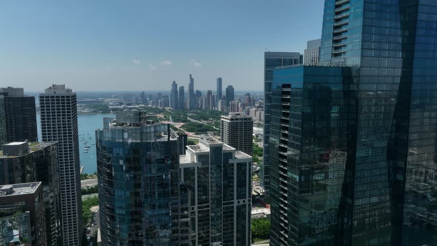 Chicago Illinois City Skyline Willis Tower Field Museum Sunny Summer Day Drone Aerial 4K