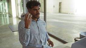Young man with beard talks on smartphone in modern office with large windows and natural lighting, exuding a professional and confident demeanor. - Powered by Shutterstock - Get 15% off with code: PIKWIZARD15