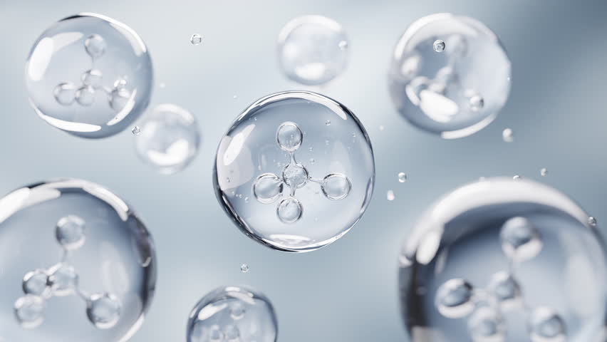3D animation of transparent bubbles floating in clean space. Ideal for skincare, collagen serum, cosmetic science, or laboratory product concepts. concept skin care cosmetics solution. 3d rendering.