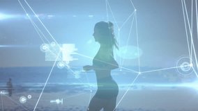 Jogging on beach, woman with animation of digital data and network connections. Fitness, technology, futuristic - Powered by Shutterstock - Get 15% off with code: PIKWIZARD15
