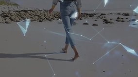 Walking on beach, person interacting with digital globe and animation overlay. Technology, innovation, virtual reality, futuristic, interactive, immersive - Powered by Shutterstock - Get 15% off with code: PIKWIZARD15