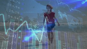 Child walking on beach with financial data and world map animation overlay. finance, global, technology, innovation, ocean, digital - Powered by Shutterstock - Get 15% off with code: PIKWIZARD15