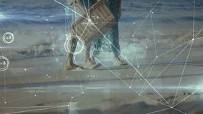 Couple walking on beach with digital data processing animation overlay. Technology, innovation, leisure, connectivity, future, relaxation - Powered by Shutterstock - Get 15% off with code: PIKWIZARD15