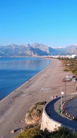 4K Mediterranean coastline in Antalya, Turkey. Konyaaltı Beach