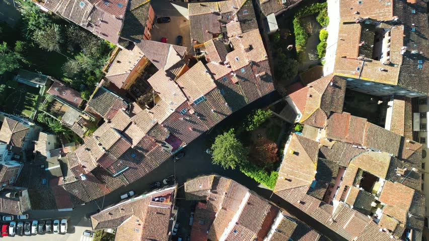 Lucca, Tuscany. Aerial view of city center with Piazza Anfiteatro and medieval buildings