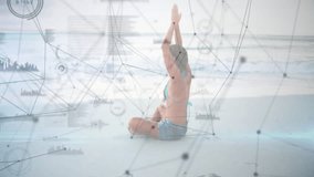 Yoga on beach with digital network and data processing animation overlay. Wellness, meditation, relaxation, technology, futuristic, cyber - Powered by Shutterstock - Get 15% off with code: PIKWIZARD15
