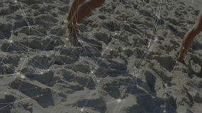 Person walking on sandy beach with network connections animation overlay. Technology, connectivity, digital, communication, concept, innovation - Powered by Shutterstock - Get 15% off with code: PIKWIZARD15