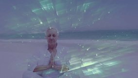 Elderly woman practicing yoga with digital data animation over ocean background. meditation, wellness, technology, serene, visualization, relaxation - Powered by Shutterstock - Get 15% off with code: PIKWIZARD15