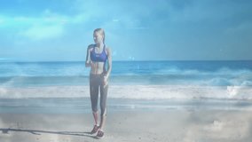 Exercising on beach, woman with animation of digital network connections overlay. Fitness, technology, exercise, ocean, wellness, innovation - Powered by Shutterstock - Get 15% off with code: PIKWIZARD15