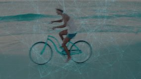 Person riding bicycle on beach with network connections animation overlay. Bicycling, digital, technology, communication, summertime - Powered by Shutterstock - Get 15% off with code: PIKWIZARD15
