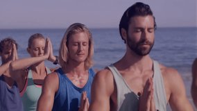 People practicing yoga on beach with digital data processing animation overlay. technology, meditation, wellness, fitness, relaxation, connection - Powered by Shutterstock - Get 15% off with code: PIKWIZARD15