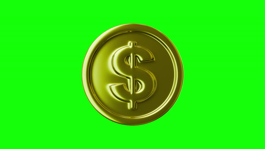 Golden coin with a dollar sign turning isolated on green background
