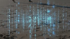 Digital key and data animation over person running on beach. Technology, visualization, security, fitness, motion, beachfront - Powered by Shutterstock - Get 15% off with code: PIKWIZARD15