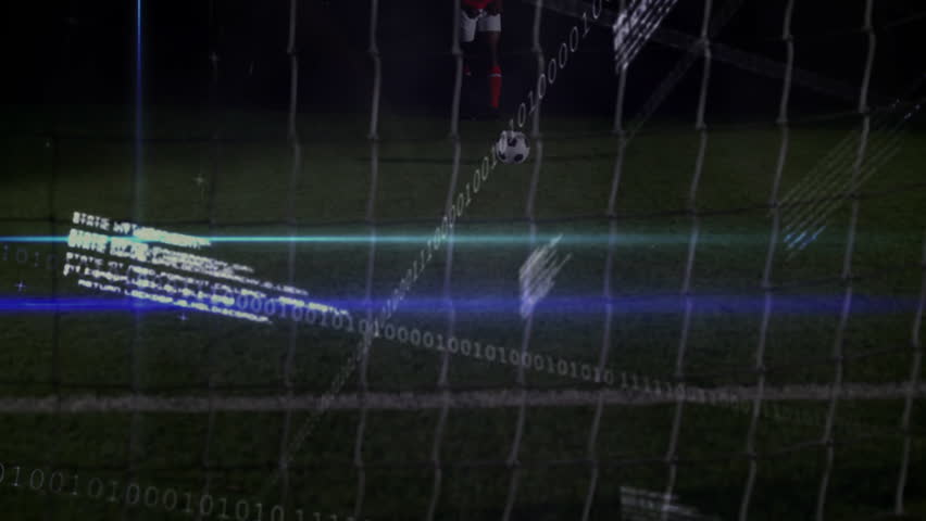 Animation of binary code and data graphics overlaying soccer field with ball. Digital, technology, cybersecurity, innovation, matrix, virtual - Powered by Shutterstock - Get 15% off with code: PIKWIZARD15
