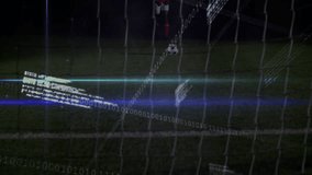 Animation of binary code and data graphics overlaying soccer field with ball. Digital, technology, cybersecurity, innovation, matrix, virtual - Powered by Shutterstock - Get 15% off with code: PIKWIZARD15