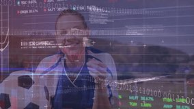 Holding soccer ball, athlete with digital animation and binary code overlay. Sports, technology, data, innovation - Powered by Shutterstock - Get 15% off with code: PIKWIZARD15