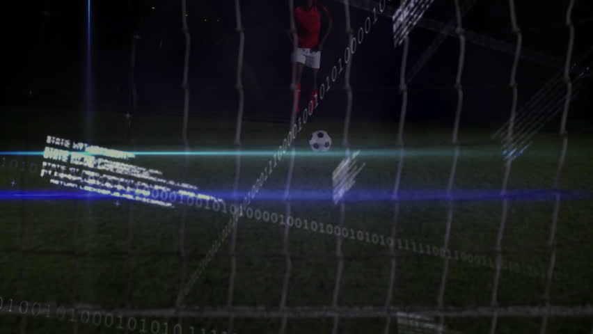 Binary code and data overlay on soccer player in digital grid animation. Technology, matrix, football, futuristic, coding, hologram - Powered by Shutterstock - Get 15% off with code: PIKWIZARD15