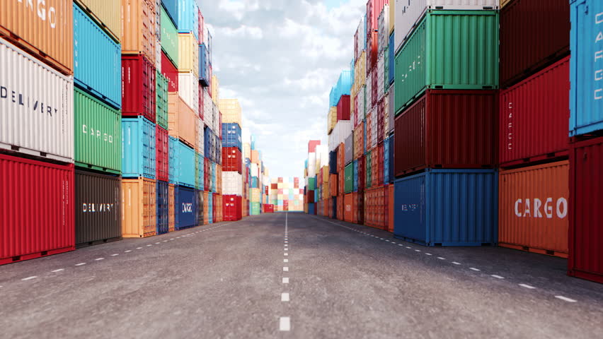 Cargo containers in a port. Freight shipping, import and export, logistics and transportation. 3D Illustration