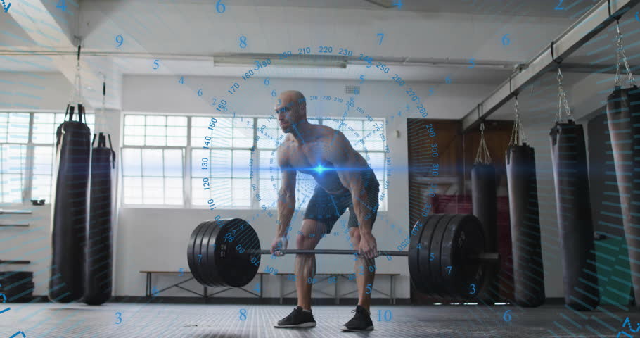 Lifting heavy weights, man with digital animation overlay in gym setting. Fitness, exercise, bodybuilding, strength, technology, workout