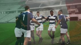 Huddling on field, rugby players with animation of Italian flag overlay. Teamwork, sports, unity, competition, national, athlete - Powered by Shutterstock - Get 15% off with code: PIKWIZARD15