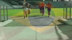 Running onto field, rugby players with Brazilian flag animation in stadium. Sports, teamwork, competition, victory, celebration, athletes - Powered by Shutterstock - Get 15% off with code: PIKWIZARD15