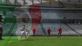 In stadium, rugby players tackling on field with animation of Mexican flag. Sports, competition, teamwork, national, athletes - Powered by Shutterstock - Get 15% off with code: PIKWIZARD15