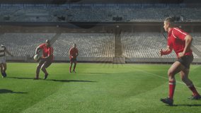 On field, rugby players tackling with stadium backdrop, creating intense animation. Sports, athletics, competition, teamwork, action, intensity - Powered by Shutterstock - Get 15% off with code: PIKWIZARD15