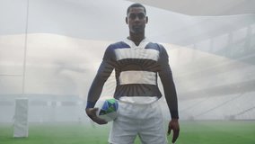 Holding rugby ball with Argentina flag overlay, player standing in stadium. sports, athlete, team, competition, championship, game - Powered by Shutterstock - Get 15% off with code: PIKWIZARD15