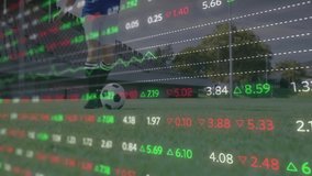 Stock market data animation over soccer player standing on field with ball. Finance, investment, athlete, technology, sports, analytics - Powered by Shutterstock - Get 15% off with code: PIKWIZARD15
