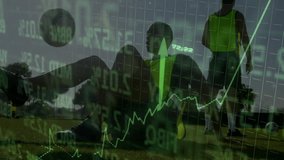 Financial data and stock market graph animation over people playing soccer outdoors. Finance, economy, sports, teamwork, analysis, competition - Powered by Shutterstock - Get 15% off with code: PIKWIZARD15