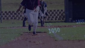 Running on field, baseball player with financial data graph animation overlay. Sports, athlete, analytics, performance, finance, tracking - Powered by Shutterstock - Get 15% off with code: PIKWIZARD15