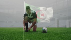 Holding rugby ball, player with Algerian flag overlay on foggy field. Sport, athlete, competition, nationality, outdoors, determination - Powered by Shutterstock - Get 15% off with code: PIKWIZARD15