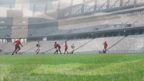 Running on green field, rugby players in large empty stadium with animation. Sports, teamwork, championship, competition, active, outdoors - Powered by Shutterstock - Get 15% off with code: PIKWIZARD15