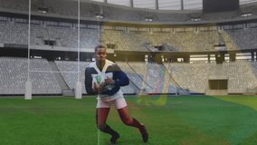 Rugby player catching ball in empty stadium with digital overlay animation. Sport, competition, athlete, teamwork, fitness, technology - Powered by Shutterstock - Get 15% off with code: PIKWIZARD15