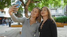 Women smiling while taking a selfie in a bustling urban park, showcasing family bond and joy in a lively outdoor city environment. - Powered by Shutterstock - Get 15% off with code: PIKWIZARD15
