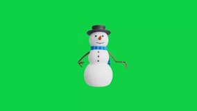 A cheerful snowman, animated to showcase dynamic movements, waves happily while adjusting its blue scarf. Its carrot nose and coal eyes add charm, set on a green screen. Perfect for winter-themed - Powered by Shutterstock - Get 15% off with code: PIKWIZARD15
