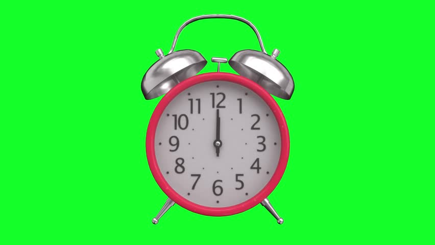 Red Alarm Clock with Spinning Hands on Green Screen