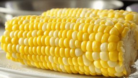 Salt grains cascading onto golden fresh corn cob, revealing delicate kernels falling in mesmerizing slow-motion - Powered by Shutterstock - Get 15% off with code: PIKWIZARD15