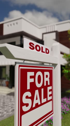 Vertical Sold For Sale Real Estate Sign In Front Of New Contemporary House.