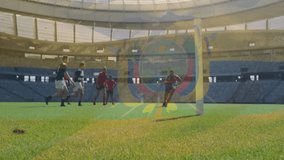 Rugby players on field with Ecuador flag animation overlay in stadium. Sports, competition, teamwork, athletics, arena, unity - Powered by Shutterstock - Get 15% off with code: PIKWIZARD15