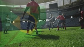 Competing in stadium, rugby players with Brazil flag animation in background. Sports, competition, teamwork, athletic, outdoor, victory - Powered by Shutterstock - Get 15% off with code: PIKWIZARD15