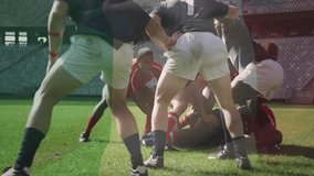 Playing rugby intensely, players on green field at stadium in animation. Athlete, sports, competition, teamwork, animated, athletic - Powered by Shutterstock - Get 15% off with code: PIKWIZARD15