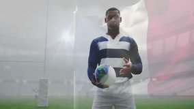 Holding rugby ball, player on field with flag animation in stadium. athlete, sports, competition, teamwork, motion, championship - Powered by Shutterstock - Get 15% off with code: PIKWIZARD15